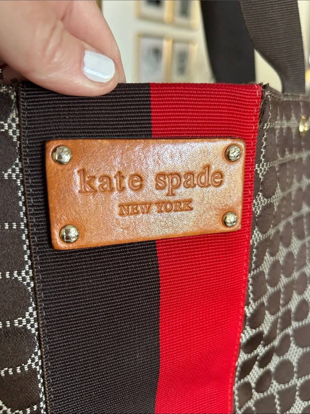 Kate Spade ♠️ New York Brown Tote with Red & Brown Center Stripe